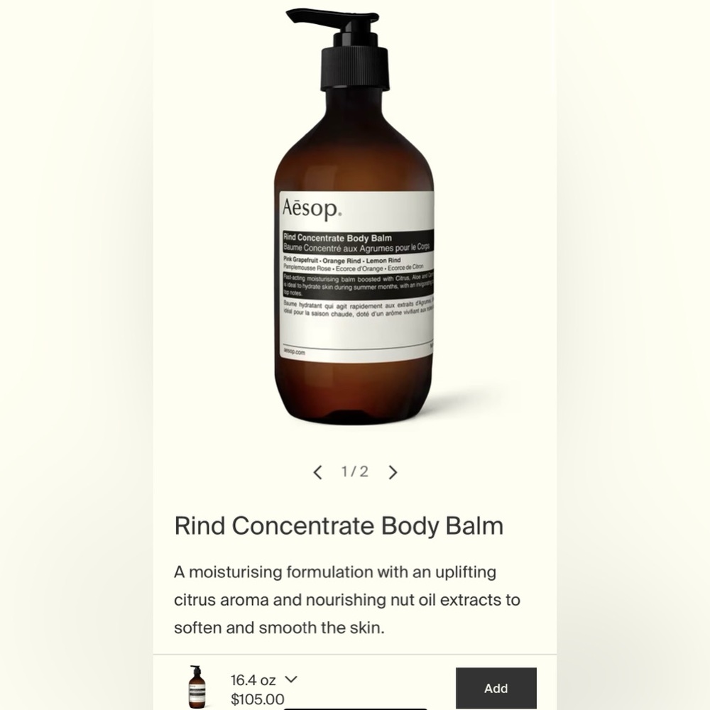 Aesop Rind Body Balm 500ml
Retail at $107 USD as of 2026
